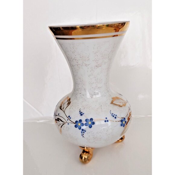 Three Footed French Frosted Glass Vase with Gold Gilding & Painted Florals MCM - Picture 4 of 13